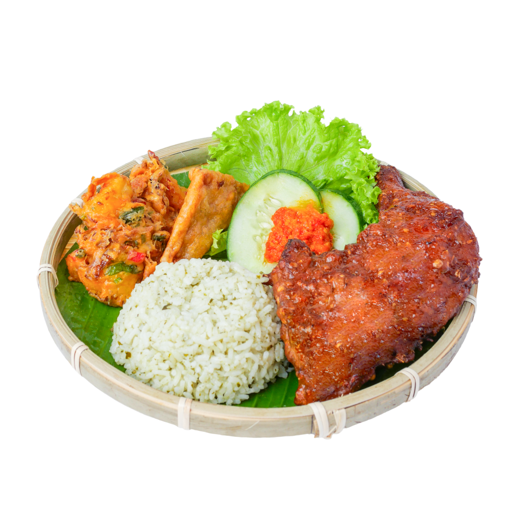 Coriander Fried Chicken with Lime Rice, Tempeh and Bakwan (Nasi Jeruk Ayam Ketumbar)